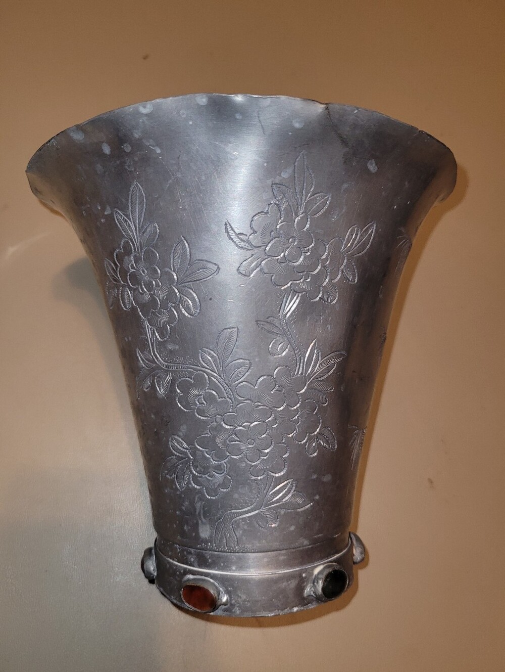 Chinese pewter vase With semi-precious stones From 1900 -1949.